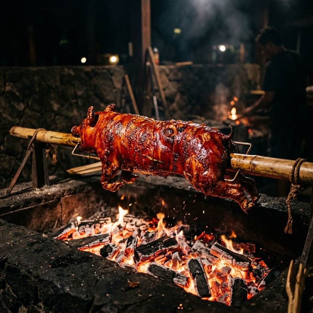 Glistening whole Cebu Lechon roasting over glowing red hot charcoal embers