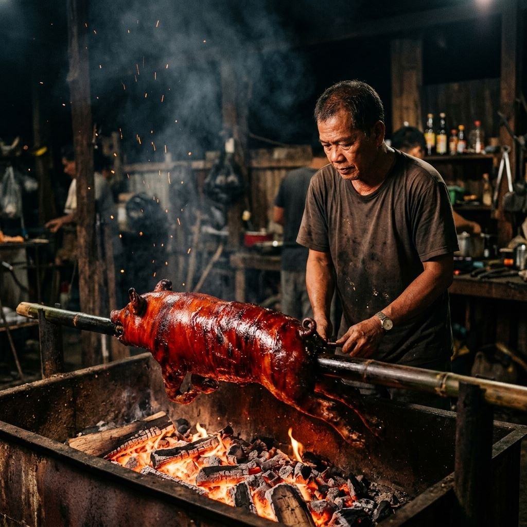 Traditional Filipino master lechonero hand-spinning whole pig spit in charcoal roasting pit